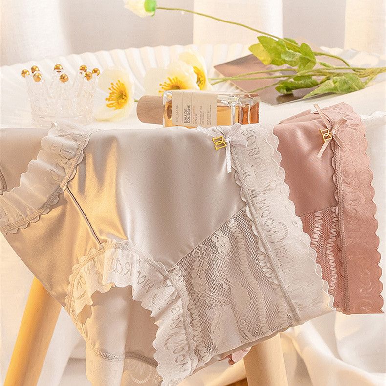 3 Pcs Morandi Color Lace Satin Women’s Panties Mid-Waist Breathable Seamless Underwear with Temperature-Sensitive Antibacterial Crotch Plus Size Comfortable Briefs