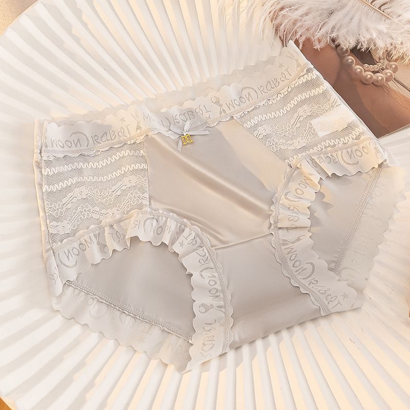 3 Pcs Morandi Color Lace Satin Women’s Panties Mid-Waist Breathable Seamless Underwear with Temperature-Sensitive Antibacterial Crotch Plus Size Comfortable Briefs