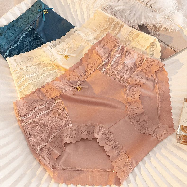 3 Pcs Morandi Color Lace Satin Women’s Panties Mid-Waist Breathable Seamless Underwear with Temperature-Sensitive Antibacterial Crotch Plus Size Comfortable Briefs