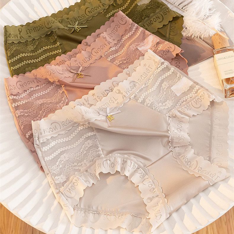 3 Pcs Morandi Color Lace Satin Women’s Panties Mid-Waist Breathable Seamless Underwear with Temperature-Sensitive Antibacterial Crotch Plus Size Comfortable Briefs
