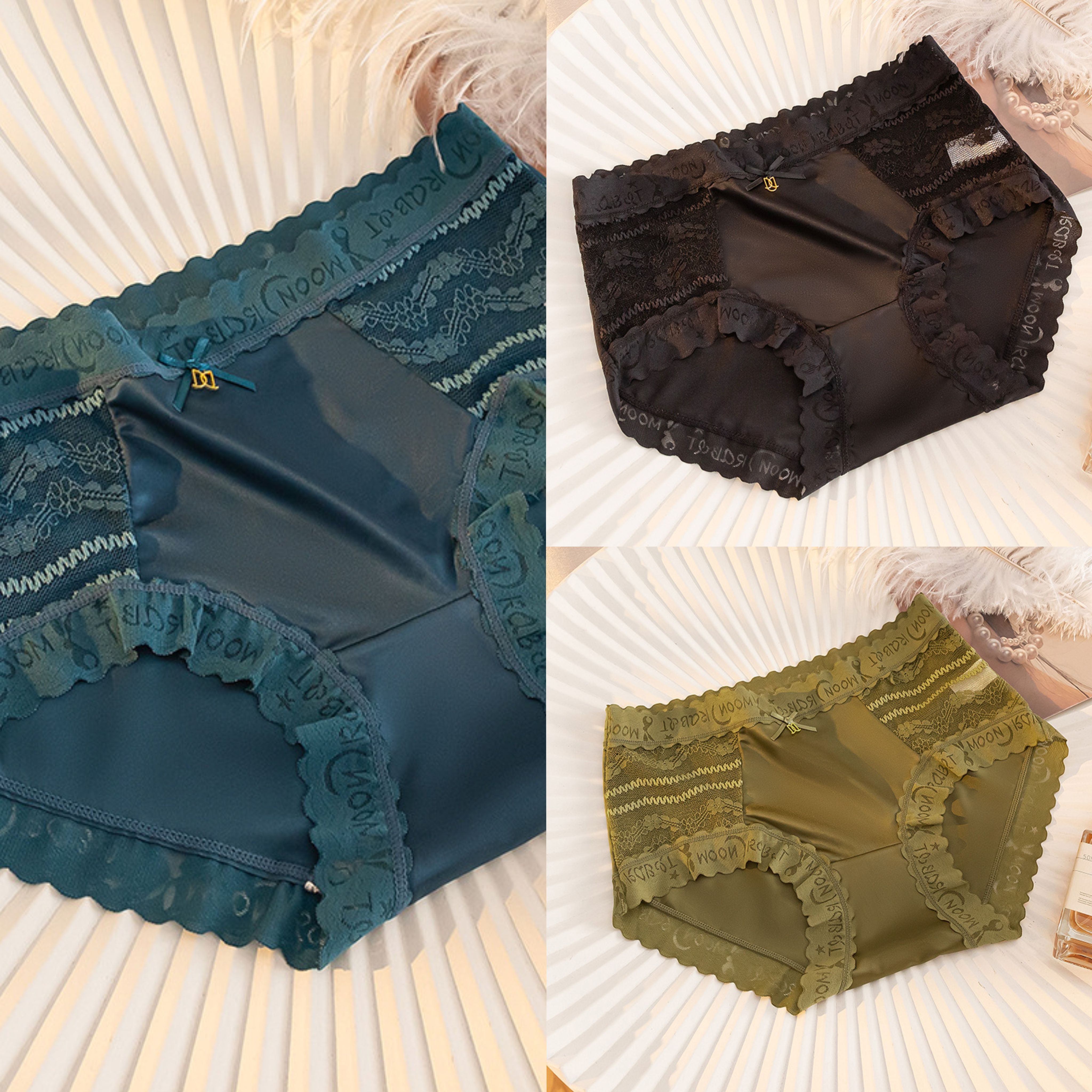 3 Pcs Morandi Color Lace Satin Women’s Panties Mid-Waist Breathable Seamless Underwear with Temperature-Sensitive Antibacterial Crotch Plus Size Comfortable Briefs