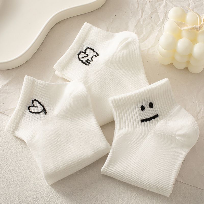 5 Packs White Ankle Socks for Women Spring Summer Thin Short Socks Casual Ins Trend Cute Cartoon Low Cut Boat Socks Simple Versatile Student Socks