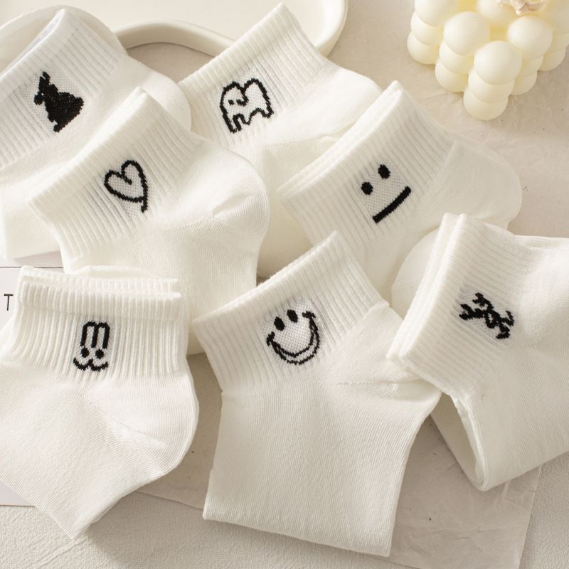 5 Packs White Ankle Socks for Women Spring Summer Thin Short Socks Casual Ins Trend Cute Cartoon Low Cut Boat Socks Simple Versatile Student Socks
