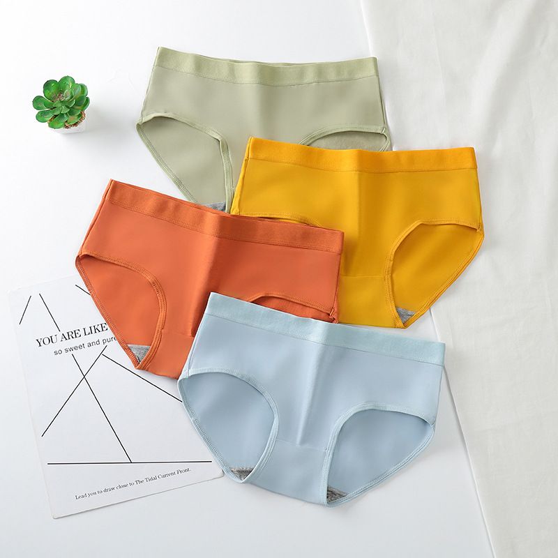 4 Packs Women’s Underwear Cotton Panties, Korean Style Solid Color Breathable Briefs Mid Waist Cute Candy Color Panties for Teen Girls and Students Soft Comfortable Everyday Lingerie