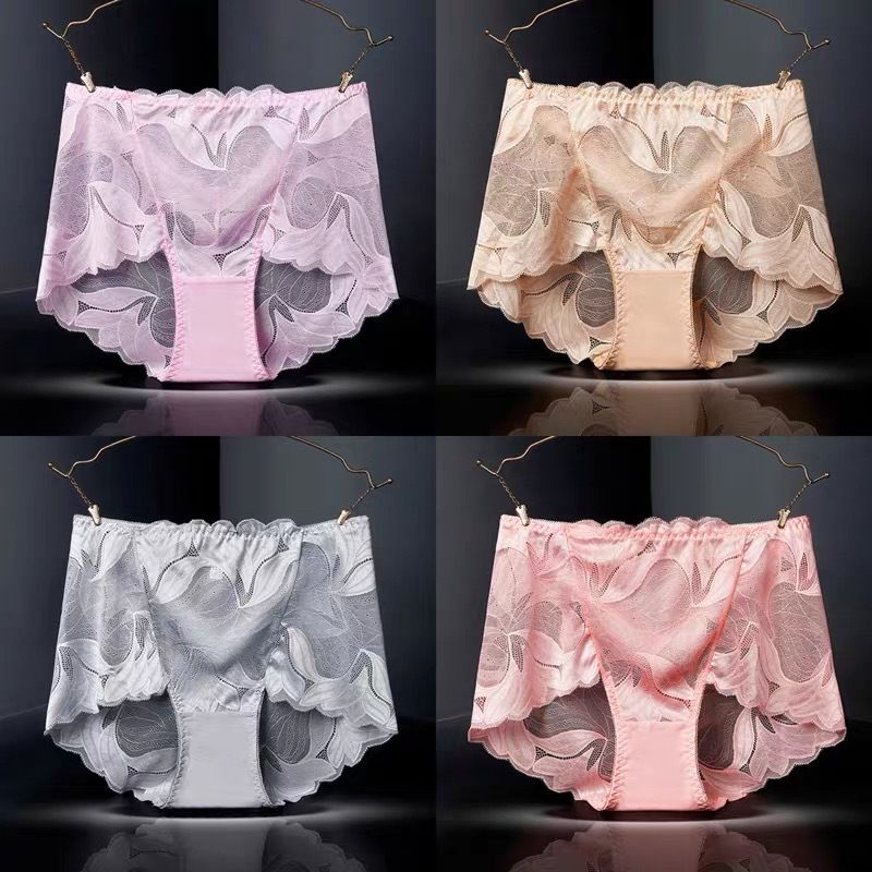 4-piece Set Women's Underwear Sexy Lace Semi Transparent Comfortable And Breathable Triangle Pants New Pure Cotton Crotch Seamless Hip Lifting Underwear Multiple Colors