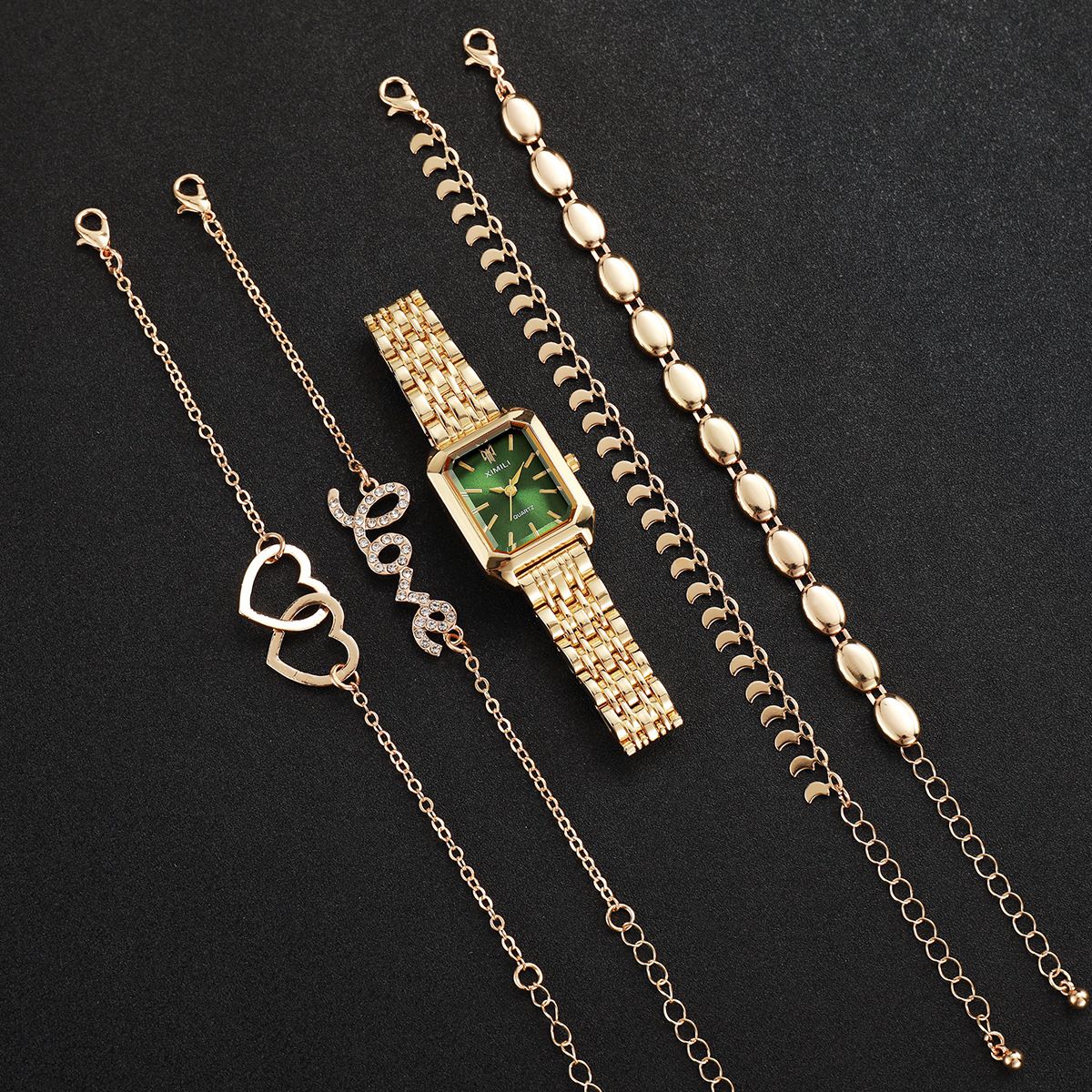 5-piece Set Fashionable New Style Versatile Square Women's Watch INS Style Steel Strap 4-piece Bracelet Metal Strap Heart-shaped Bracelet Gift Set Suitable For Women Girls' Fashion Accessories