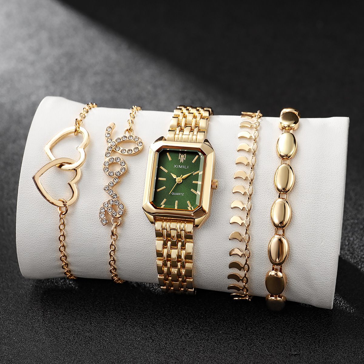 5-piece Set Fashionable New Style Versatile Square Women's Watch INS Style Steel Strap 4-piece Bracelet Metal Strap Heart-shaped Bracelet Gift Set Suitable For Women Girls' Fashion Accessories