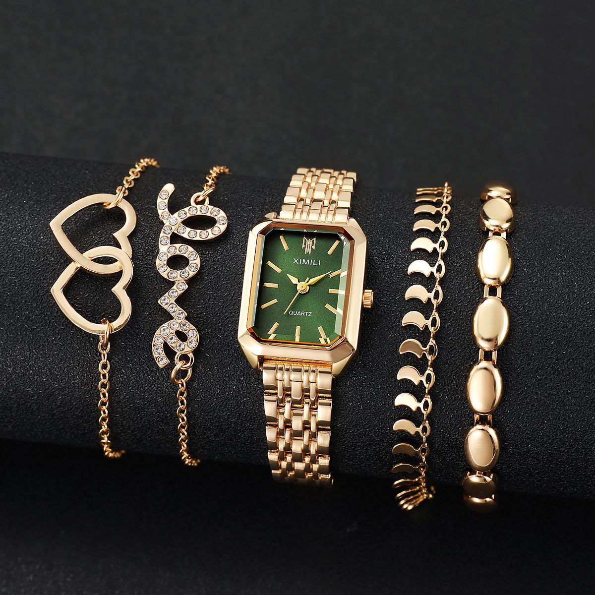 5-piece Set Fashionable New Style Versatile Square Women's Watch INS Style Steel Strap 4-piece Bracelet Metal Strap Heart-shaped Bracelet Gift Set Suitable For Women Girls' Fashion Accessories