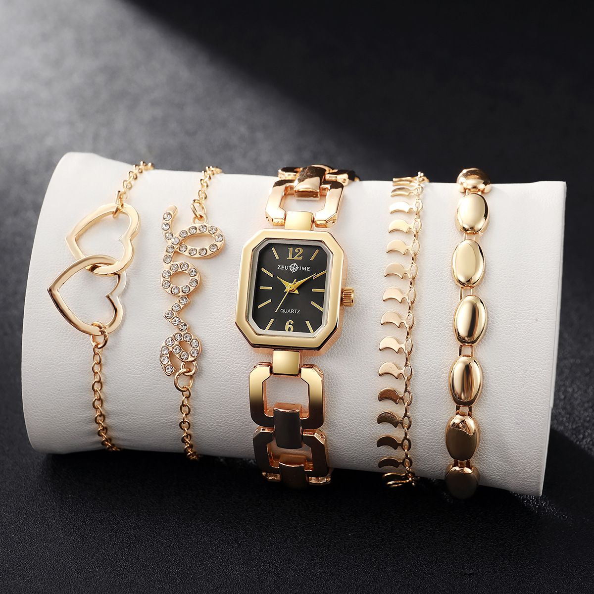 5-piece Set Fashionable New Style Versatile Square Women's Watch INS Style Steel Strap 4-piece Bracelet Metal Strap Heart-shaped Bracelet Gift Set Suitable For Women Girls' Fashion Accessories