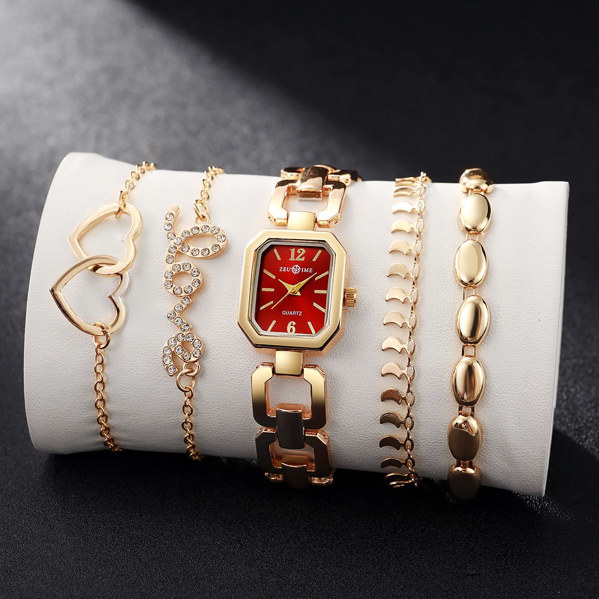 5-piece Set Fashionable New Style Versatile Square Women's Watch INS Style Steel Strap 4-piece Bracelet Metal Strap Heart-shaped Bracelet Gift Set Suitable For Women Girls' Fashion Accessories