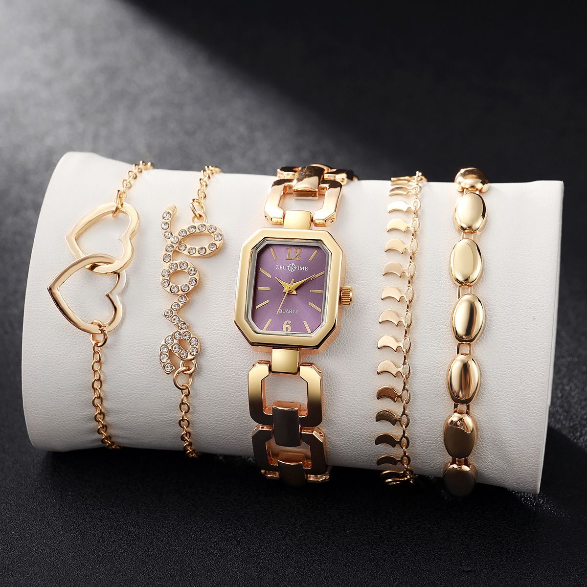 5-piece Set Fashionable New Style Versatile Square Women's Watch INS Style Steel Strap 4-piece Bracelet Metal Strap Heart-shaped Bracelet Gift Set Suitable For Women Girls' Fashion Accessories