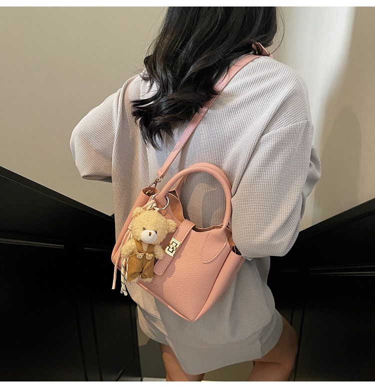 Women’s Fashion Mini Bucket Bag Crossbody Shoulder Tote Handbag with Top Handle Casual Versatile PU Leather Purse for Shopping, Dating, Travel with Little Bear Pendant Charm