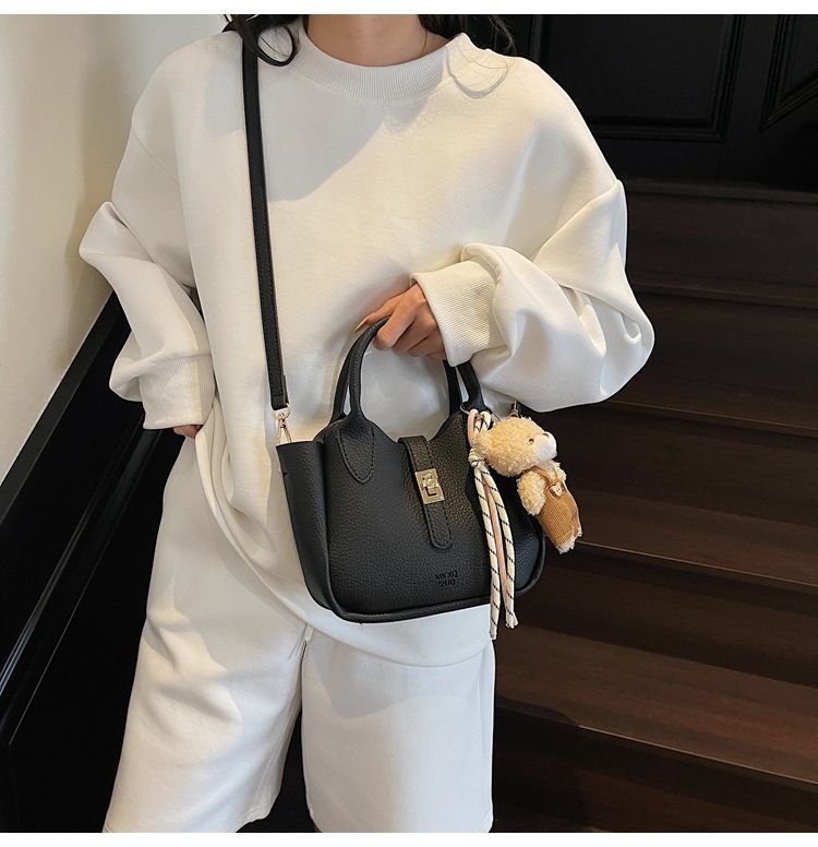 Women’s Fashion Mini Bucket Bag Crossbody Shoulder Tote Handbag with Top Handle Casual Versatile PU Leather Purse for Shopping, Dating, Travel with Little Bear Pendant Charm