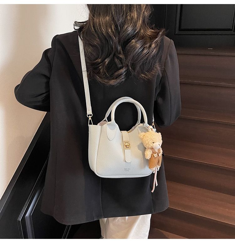 Women’s Fashion Mini Bucket Bag Crossbody Shoulder Tote Handbag with Top Handle Casual Versatile PU Leather Purse for Shopping, Dating, Travel with Little Bear Pendant Charm