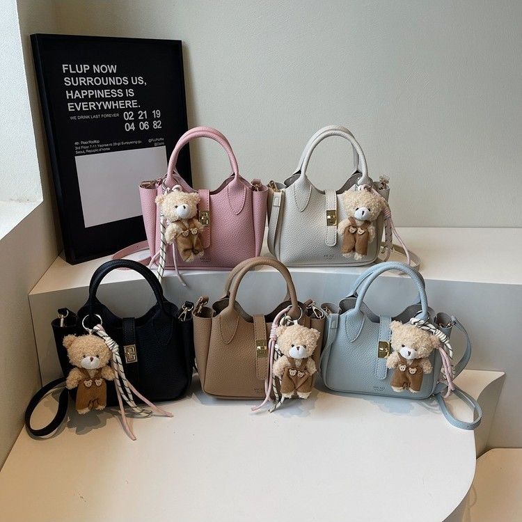 Women’s Fashion Mini Bucket Bag Crossbody Shoulder Tote Handbag with Top Handle Casual Versatile PU Leather Purse for Shopping, Dating, Travel with Little Bear Pendant Charm