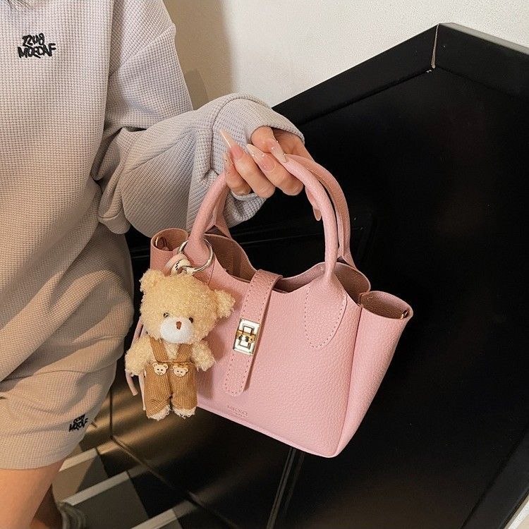 Women’s Fashion Mini Bucket Bag Crossbody Shoulder Tote Handbag with Top Handle Casual Versatile PU Leather Purse for Shopping, Dating, Travel with Little Bear Pendant Charm