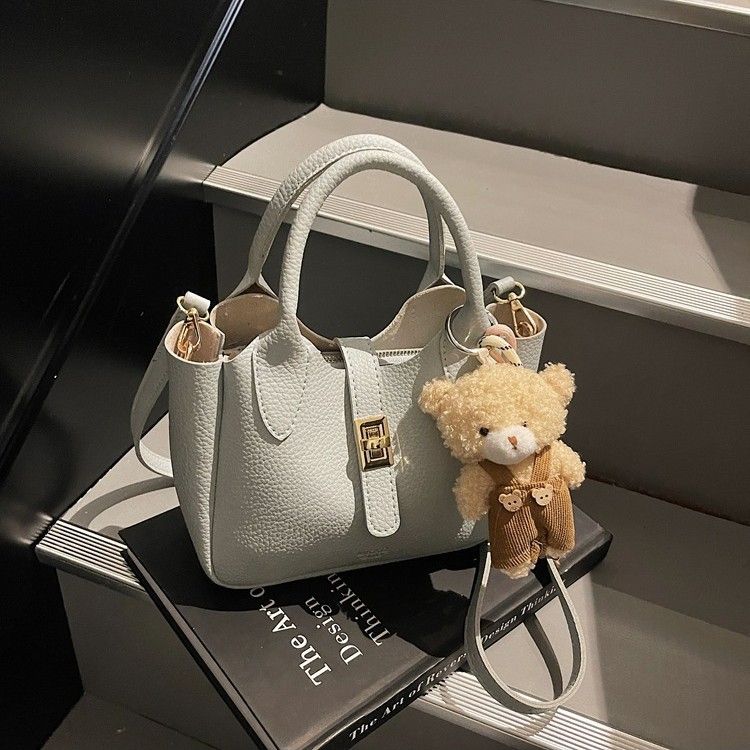 Women’s Fashion Mini Bucket Bag Crossbody Shoulder Tote Handbag with Top Handle Casual Versatile PU Leather Purse for Shopping, Dating, Travel with Little Bear Pendant Charm
