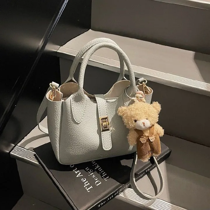Women’s Fashion Mini Bucket Bag Crossbody Shoulder Tote Handbag with Top Handle Casual Versatile PU Leather Purse for Shopping, Dating, Travel with Little Bear Pendant Charm