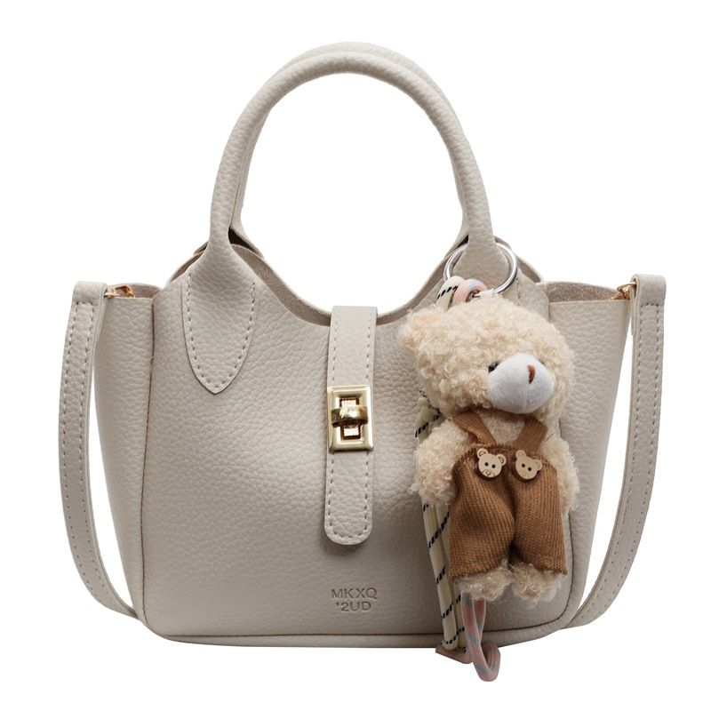 Women’s Fashion Mini Bucket Bag Crossbody Shoulder Tote Handbag with Top Handle Casual Versatile PU Leather Purse for Shopping, Dating, Travel with Little Bear Pendant Charm