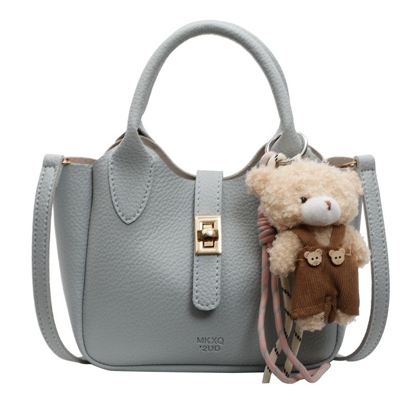 Women’s Fashion Mini Bucket Bag Crossbody Shoulder Tote Handbag with Top Handle Casual Versatile PU Leather Purse for Shopping, Dating, Travel with Little Bear Pendant Charm