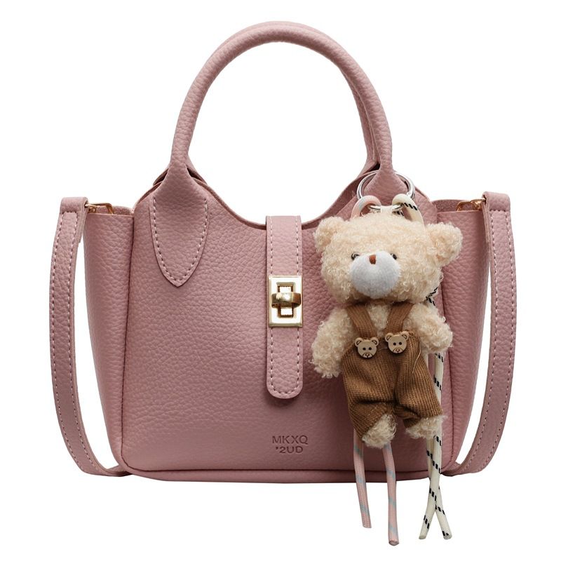 Women’s Fashion Mini Bucket Bag Crossbody Shoulder Tote Handbag with Top Handle Casual Versatile PU Leather Purse for Shopping, Dating, Travel with Little Bear Pendant Charm