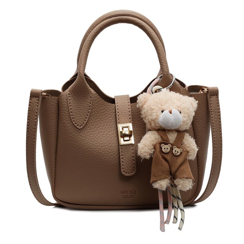 Women’s Fashion Mini Bucket Bag Crossbody Shoulder Tote Handbag with Top Handle Casual Versatile PU Leather Purse for Shopping, Dating, Travel with Little Bear Pendant Charm