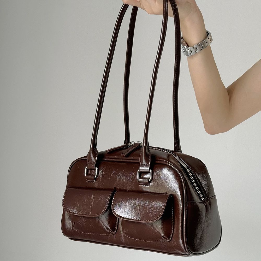 Women’s Bowling Bag Handbag Vintage Small Shoulder Baguette Bag Unique Pocket Design Trendy Underarm Purse Daily Use Commuting Casual Fashion Shoulder Bag College Studens Handbag Valentine’s Day Gift