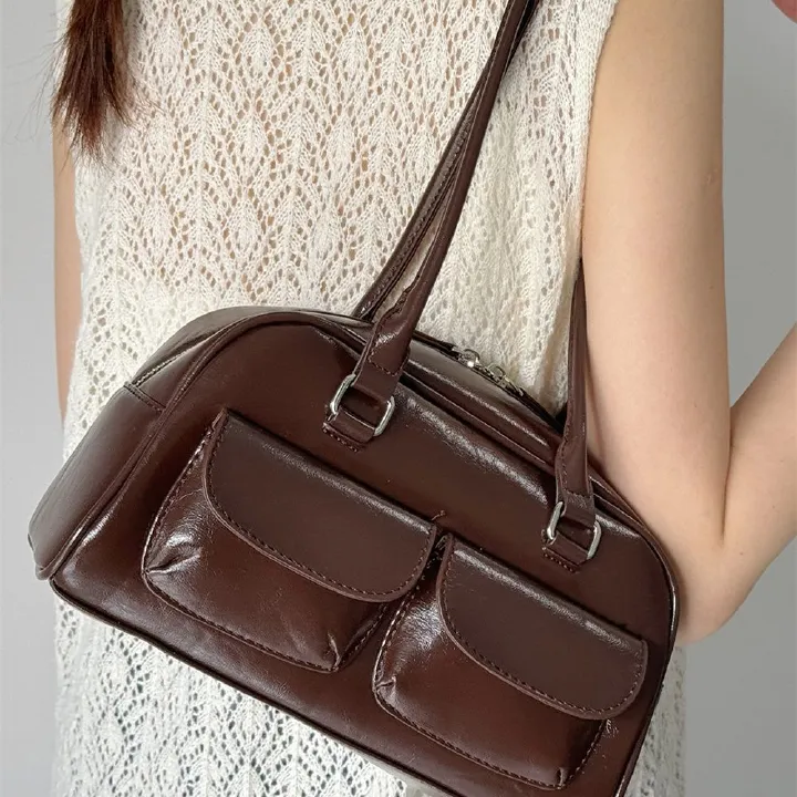 Women’s Bowling Bag Handbag Vintage Small Shoulder Baguette Bag Unique Pocket Design Trendy Underarm Purse Daily Use Commuting Casual Fashion Shoulder Bag College Studens Handbag Valentine’s Day Gift