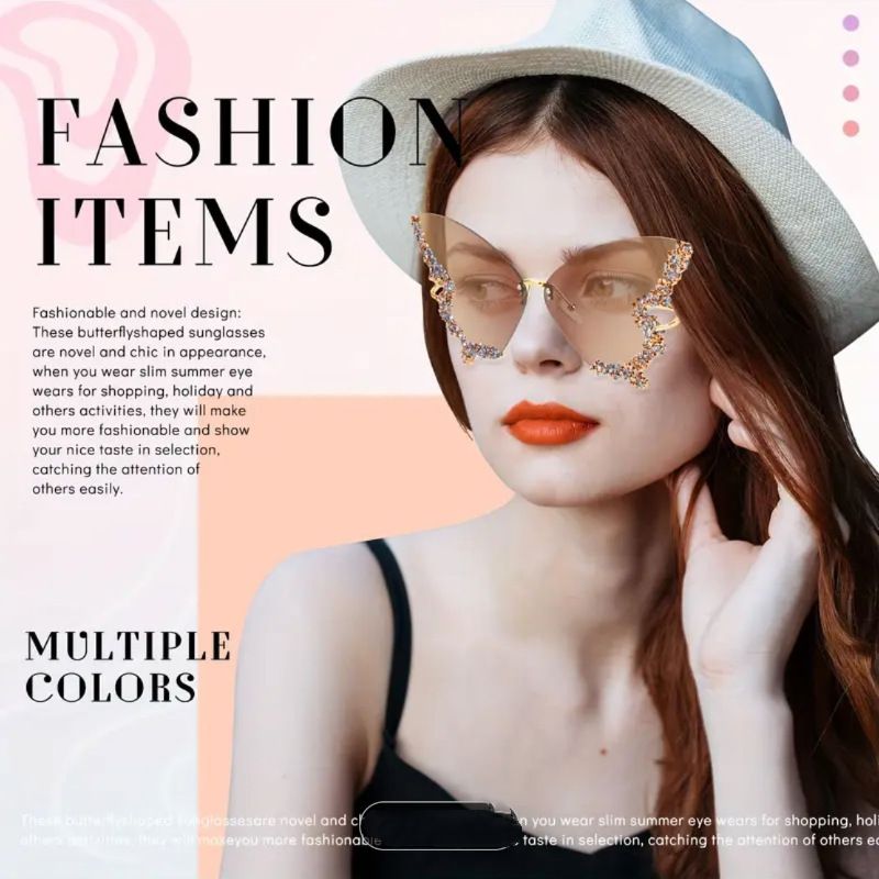 Sunglasses Women's Sunglasses Fashion New Style Butterfly Shape Diamond-Inlaid UV-Protective Rimless Sunglasses Elegant Versatile Charming Stylish Design