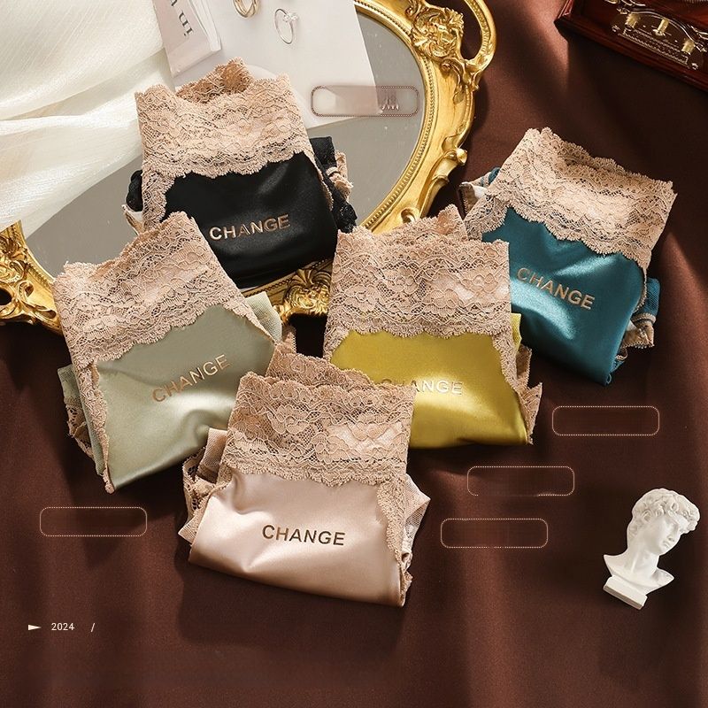 3Pcs Luxury Satin Women’s Panties Mid-Rise Lace Trim Underwear Plus Size Seamless Briefs Soft Smooth Touch Quick Dry Comfortable Lingerie
