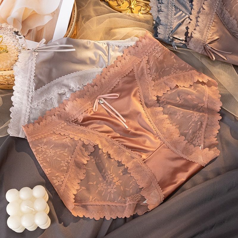 3Pcs Lace Women’s Mid-Rise Panties Satin Seamless Sexy Underwear Plus Size Jacquard Briefs Breathable Skin-Friendly Comfortable Lingerie
