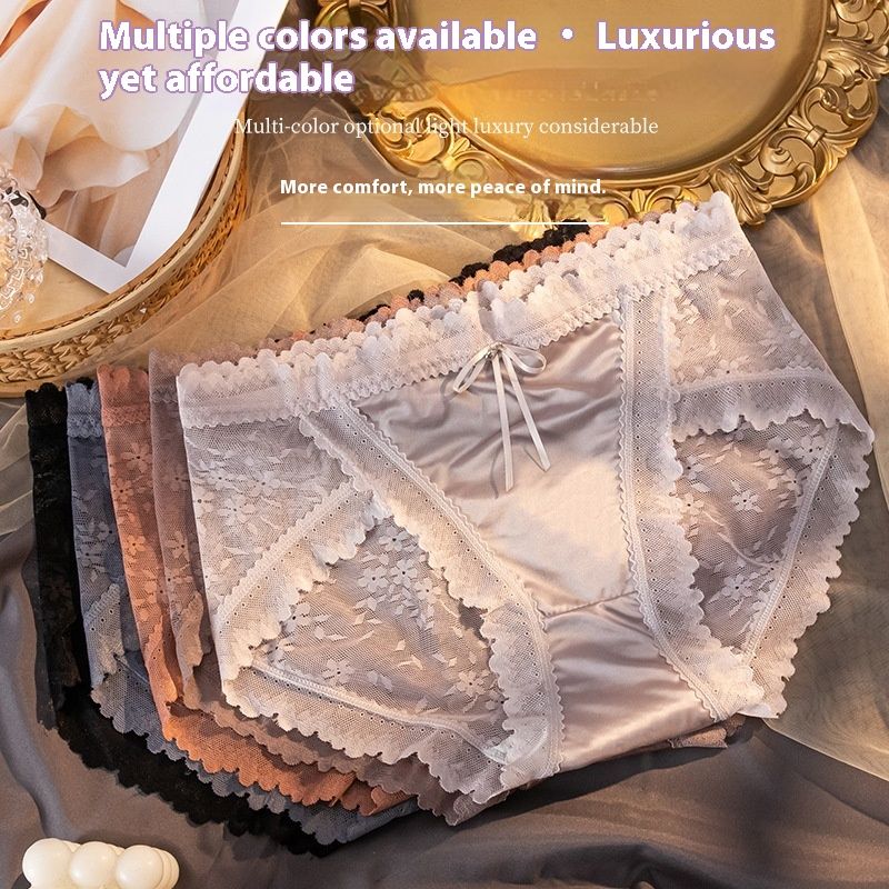 3Pcs Lace Women’s Mid-Rise Panties Satin Seamless Sexy Underwear Plus Size Jacquard Briefs Breathable Skin-Friendly Comfortable Lingerie
