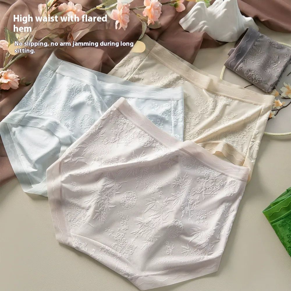 Women’s Seamless Panties Ice Silk Plus Size New Chinese Style Embossed Lace Underwear Thin 7A Antibacterial Mulberry Silk Crotch Briefs