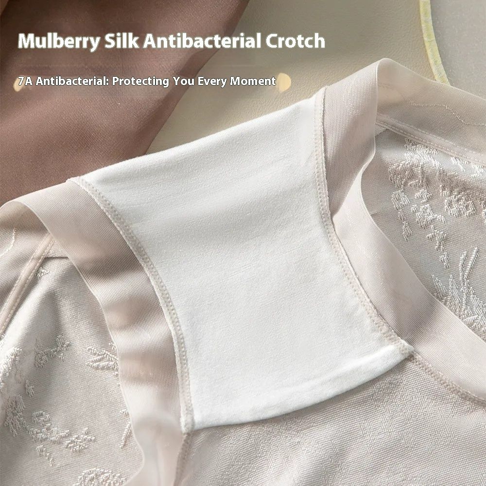 Women’s Seamless Panties Ice Silk Plus Size New Chinese Style Embossed Lace Underwear Thin 7A Antibacterial Mulberry Silk Crotch Briefs