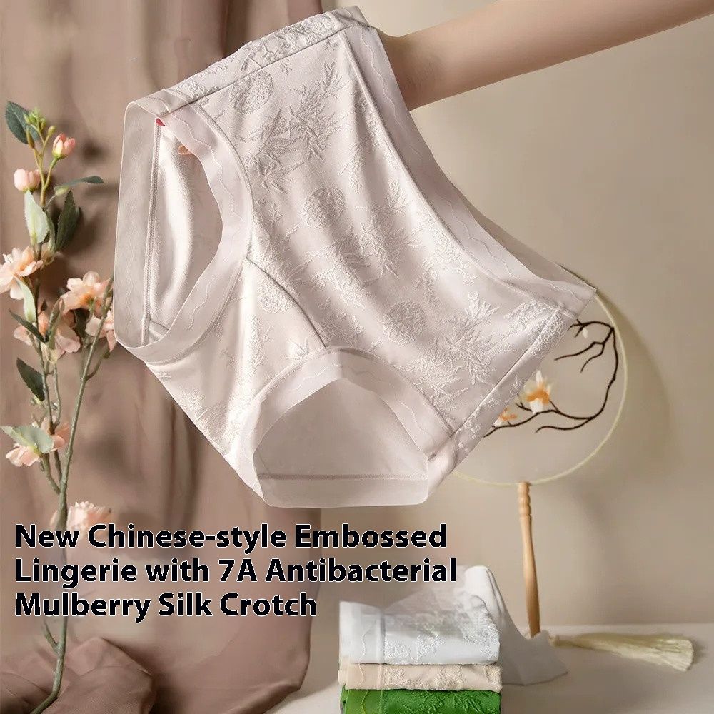 Women’s Seamless Panties Ice Silk Plus Size New Chinese Style Embossed Lace Underwear Thin 7A Antibacterial Mulberry Silk Crotch Briefs