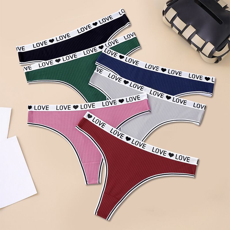 6Pcs Women's Seamless Cotton Thongs Love Letter Waistband Low Waist No Trace Yoga Sports Antibacterial Breathable Soft High Elastic Cotton Crotch