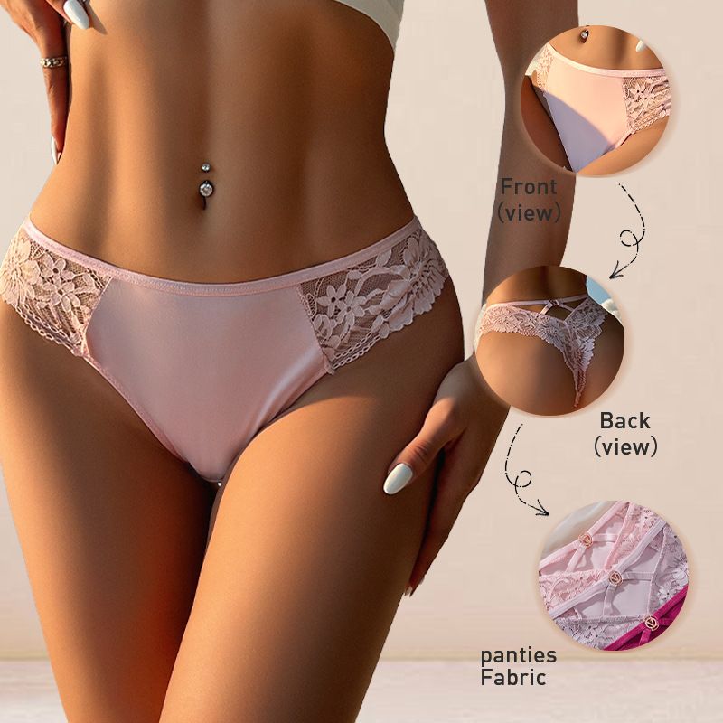 3Pcs Women's Sexy Lace Flower Thongs Stylish T-Pants With Metal Ring Seamless No Trace Embroidery Trim Soft Comfortable Antibacterial Breathable High Elastic Cotton Crotch