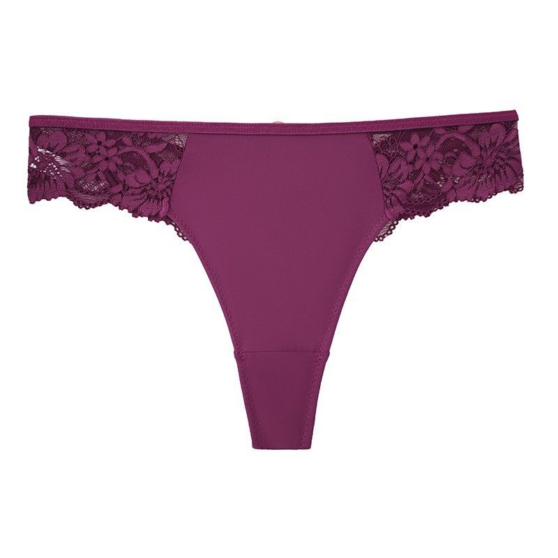 3Pcs Women's Sexy Lace Flower Thongs Stylish T-Pants With Metal Ring Seamless No Trace Embroidery Trim Soft Comfortable Antibacterial Breathable High Elastic Cotton Crotch