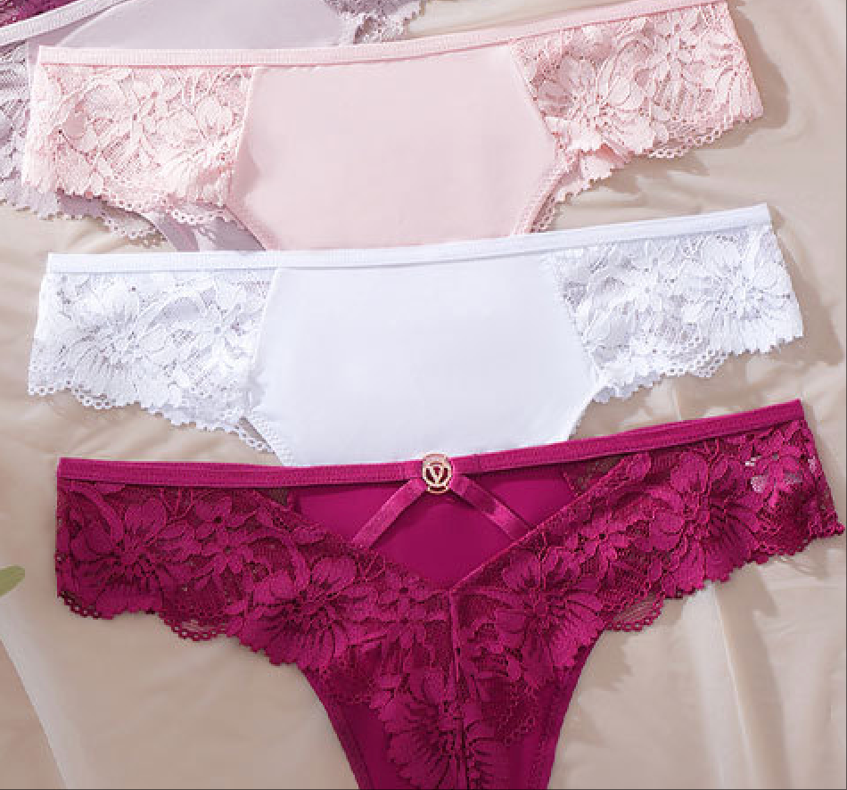 3Pcs Women's Sexy Lace Flower Thongs Stylish T-Pants With Metal Ring Seamless No Trace Embroidery Trim Soft Comfortable Antibacterial Breathable High Elastic Cotton Crotch