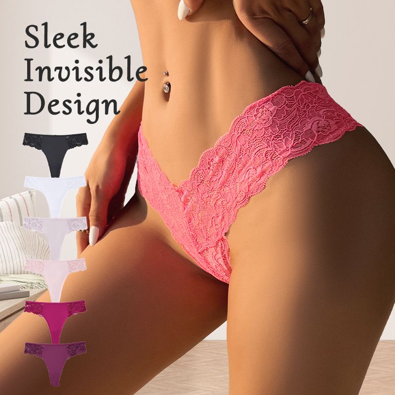 3Pcs Women's Sexy Lace Solid Color Hollow Out Stylish T-Pants Seamless Lace Trim Soft Comfortable Antibacterial Breathable High Elastic Cotton Crotch