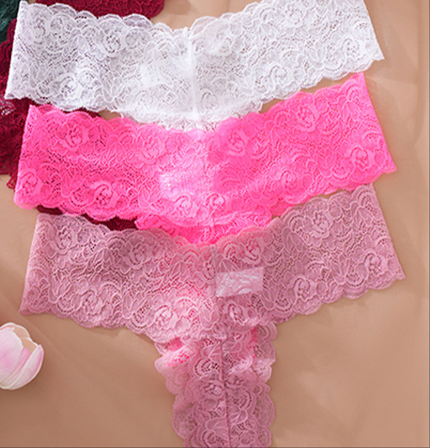 3Pcs Women's Sexy Lace Solid Color Hollow Out Stylish T-Pants Seamless Lace Trim Soft Comfortable Antibacterial Breathable High Elastic Cotton Crotch