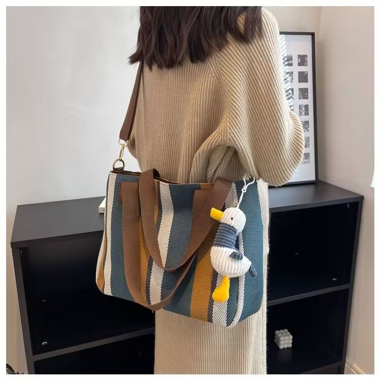 Hot selling Women Handbag Canvas Striped Design Large Capacity Shoulder Tote Bag Casual Fashion Multifunctional Simple Style New Arrival