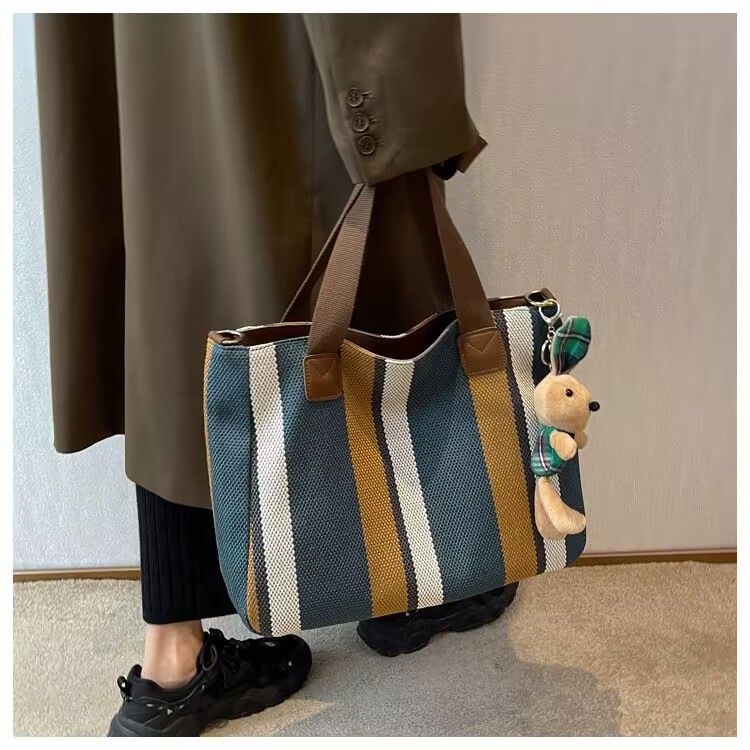Hot selling Women Handbag Canvas Striped Design Large Capacity Shoulder Tote Bag Casual Fashion Multifunctional Simple Style New Arrival