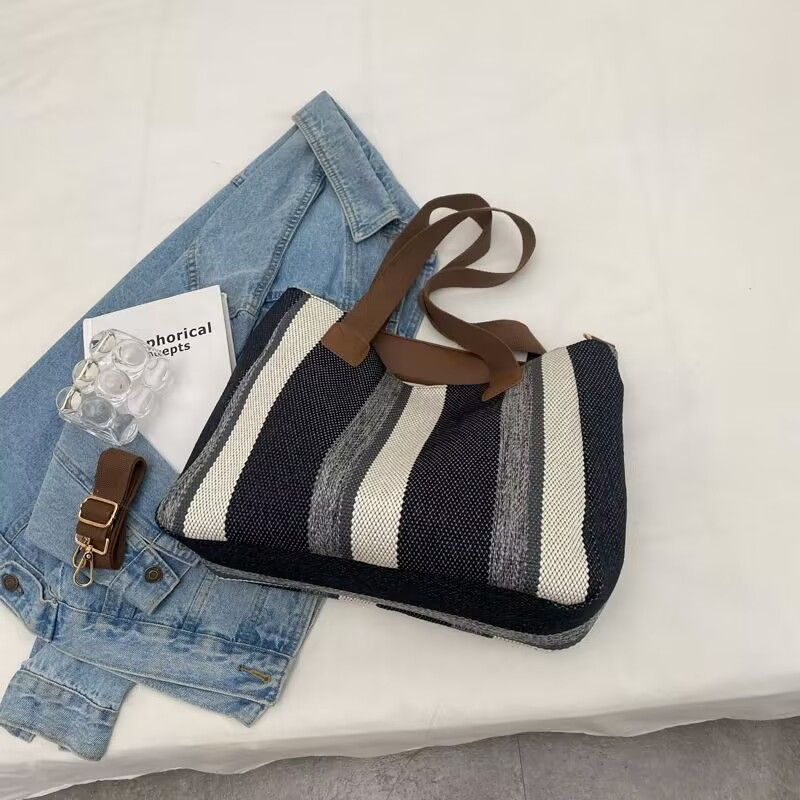 Hot selling Women Handbag Canvas Striped Design Large Capacity Shoulder Tote Bag Casual Fashion Multifunctional Simple Style New Arrival