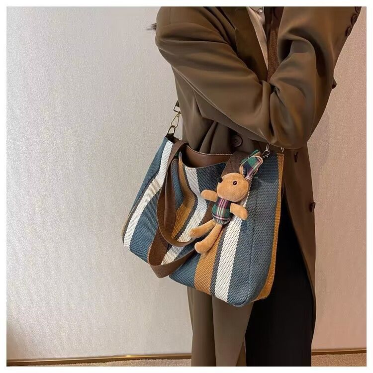 Hot selling Women Handbag Canvas Striped Design Large Capacity Shoulder Tote Bag Casual Fashion Multifunctional Simple Style New Arrival