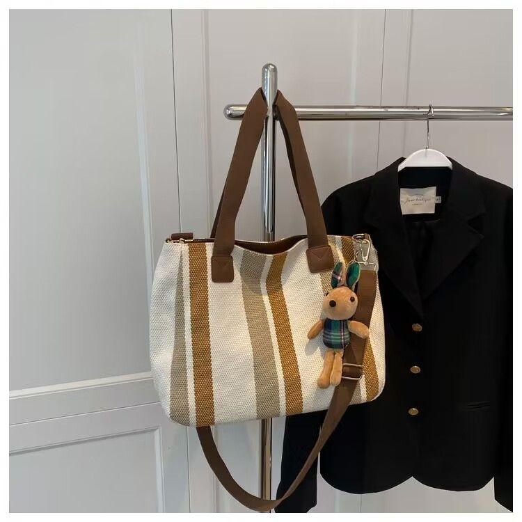 Hot selling Women Handbag Canvas Striped Design Large Capacity Shoulder Tote Bag Casual Fashion Multifunctional Simple Style New Arrival
