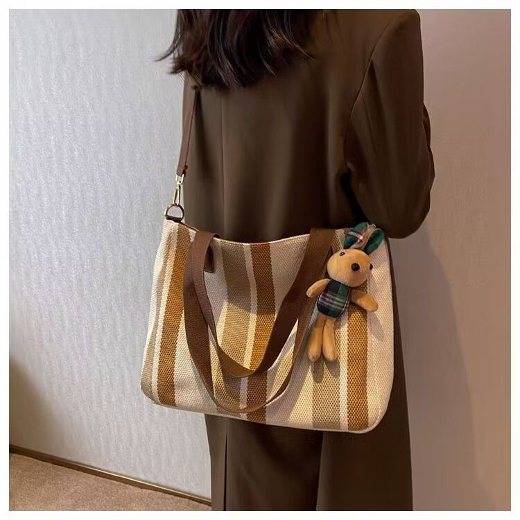 Hot selling Women Handbag Canvas Striped Design Large Capacity Shoulder Tote Bag Casual Fashion Multifunctional Simple Style New Arrival