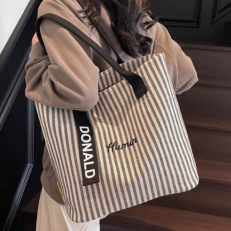 Stylish Women Tote Bag Large Capacity Canvas Shoulder Handbag Striped Design Casual Simple Outdoor Fashion New Multifunctional Ladies Handbag