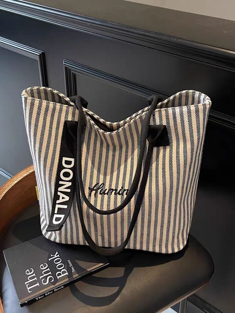 Stylish Women Tote Bag Large Capacity Canvas Shoulder Handbag Striped Design Casual Simple Outdoor Fashion New Multifunctional Ladies Handbag