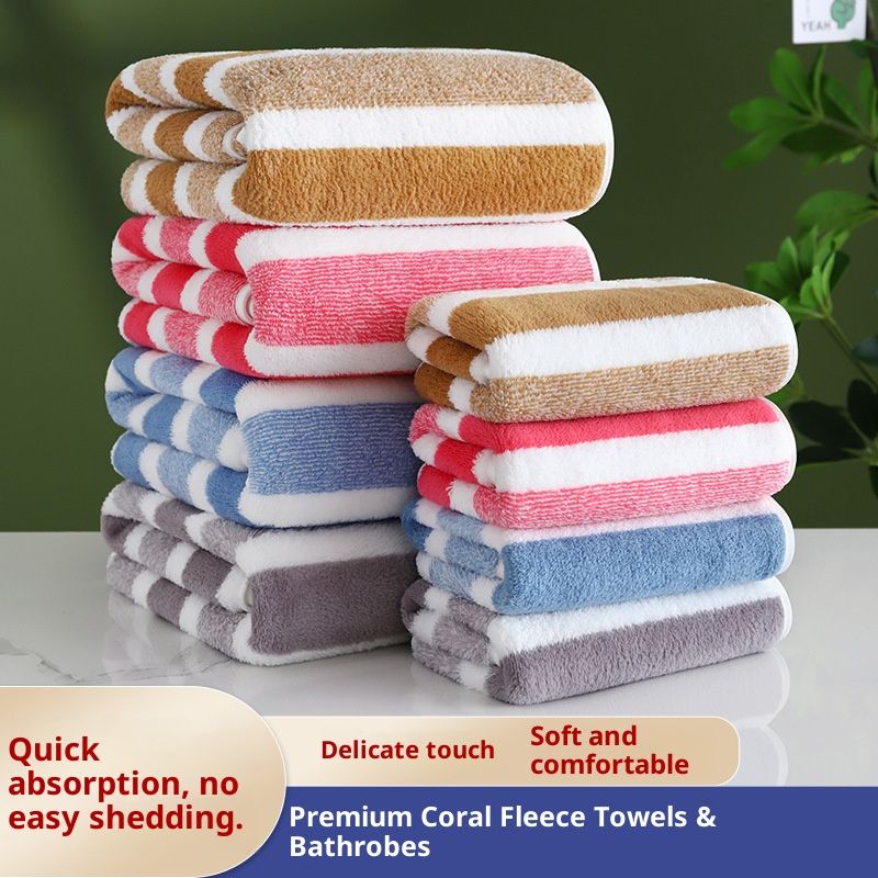 2 Pcs Soft Absorbent Coral Fleece Towel Set Two Pieces Skin Friendly Non Pilling Thickened Bath Towel Face Towel Striped Design Comfortable New Arrival
